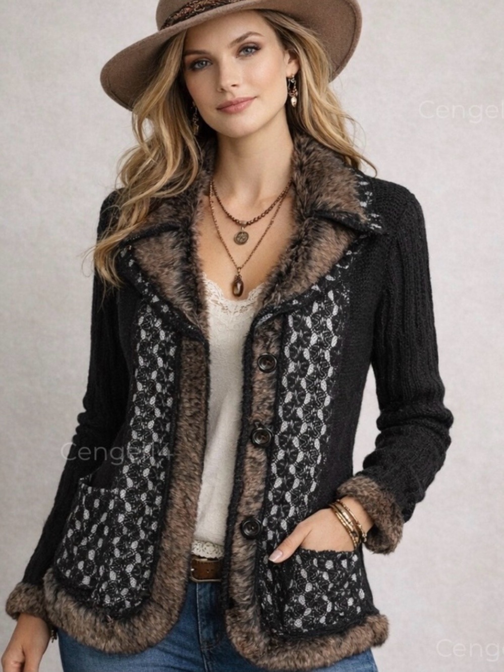 Sioni Faux Fur Lace Mohair Wool Blend Cardigan Sweater NWT M